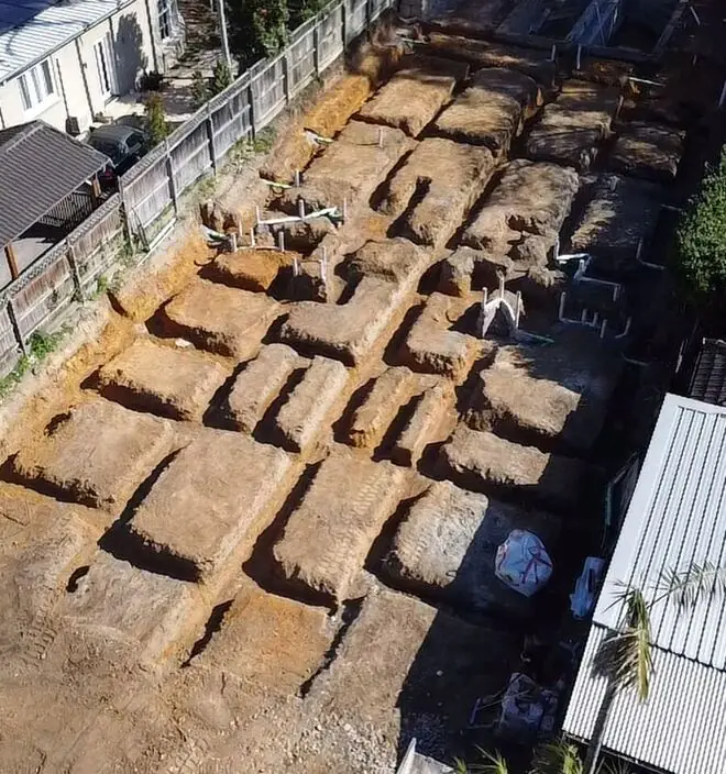 Aerial view of detailed excavation, Willoughby