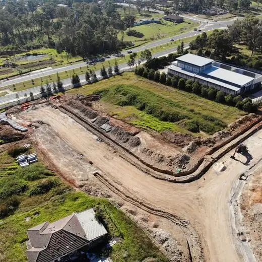 Aerial view of subdivision roads and trenching
